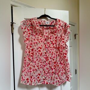 CAbi Red and White Flutter Sleeve Blouse with Peter Pan Collar